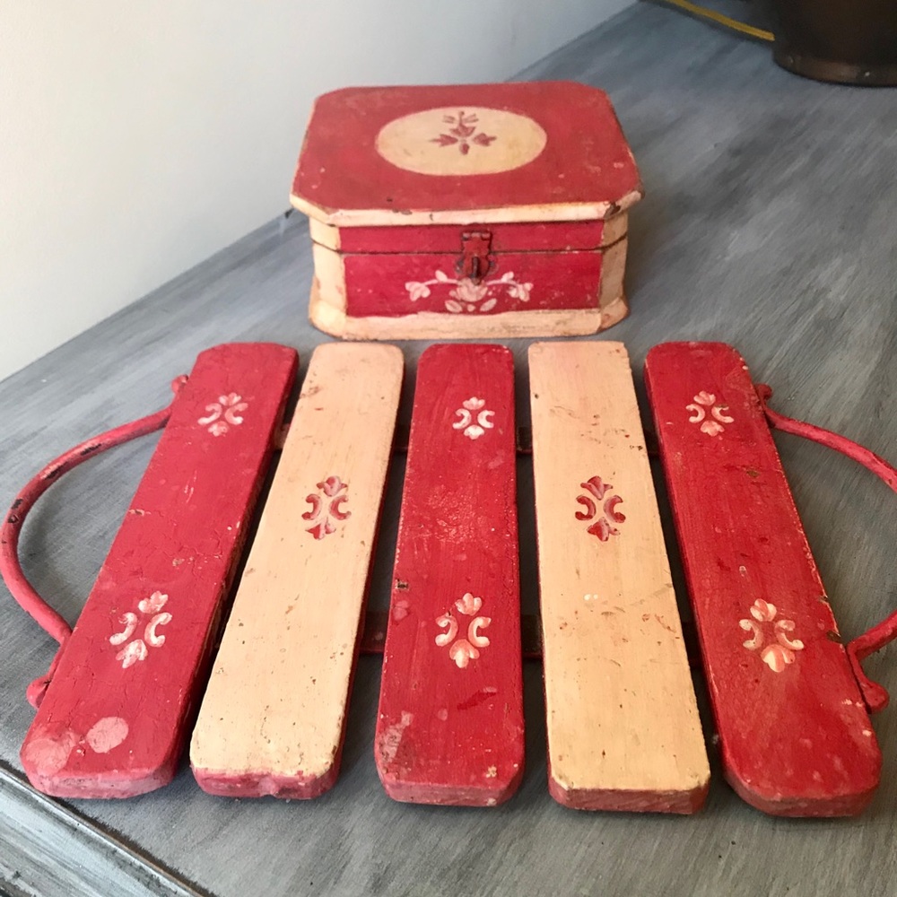 Adorable Distressed Hand Painted Box and Trivet